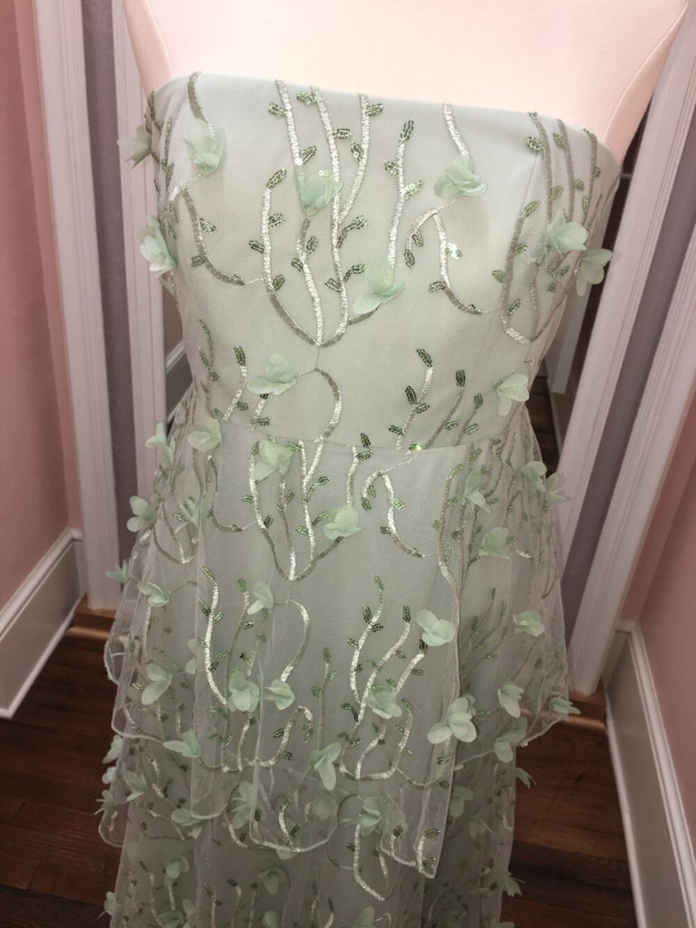 Dessy Green Strapless 3D Embroidered Floral Bridesmaid Formal Tiered Ruffle - Picture 5 of 9